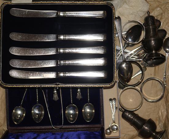 Two part cased sets of cutlery and sundry silver including napkin rings.